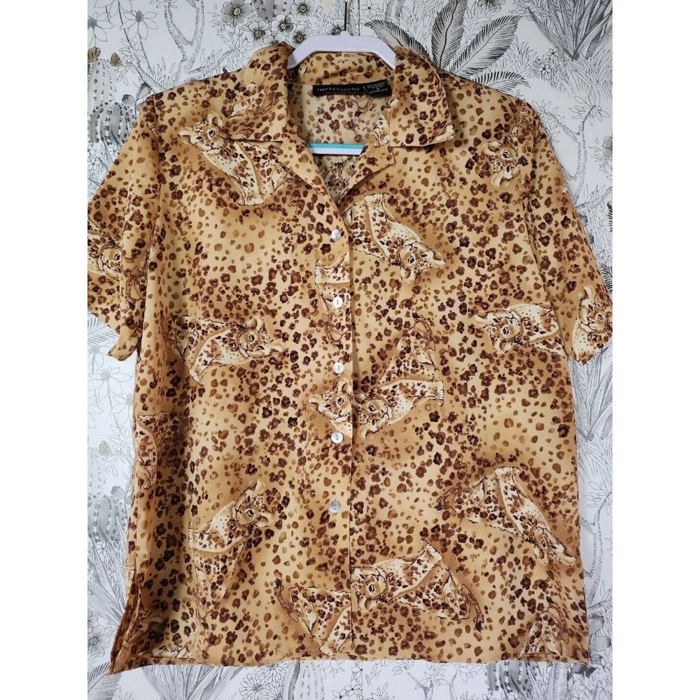 Vintage Big Cat Cheetah Print Button-Up Short Sleeve Shirt Medium